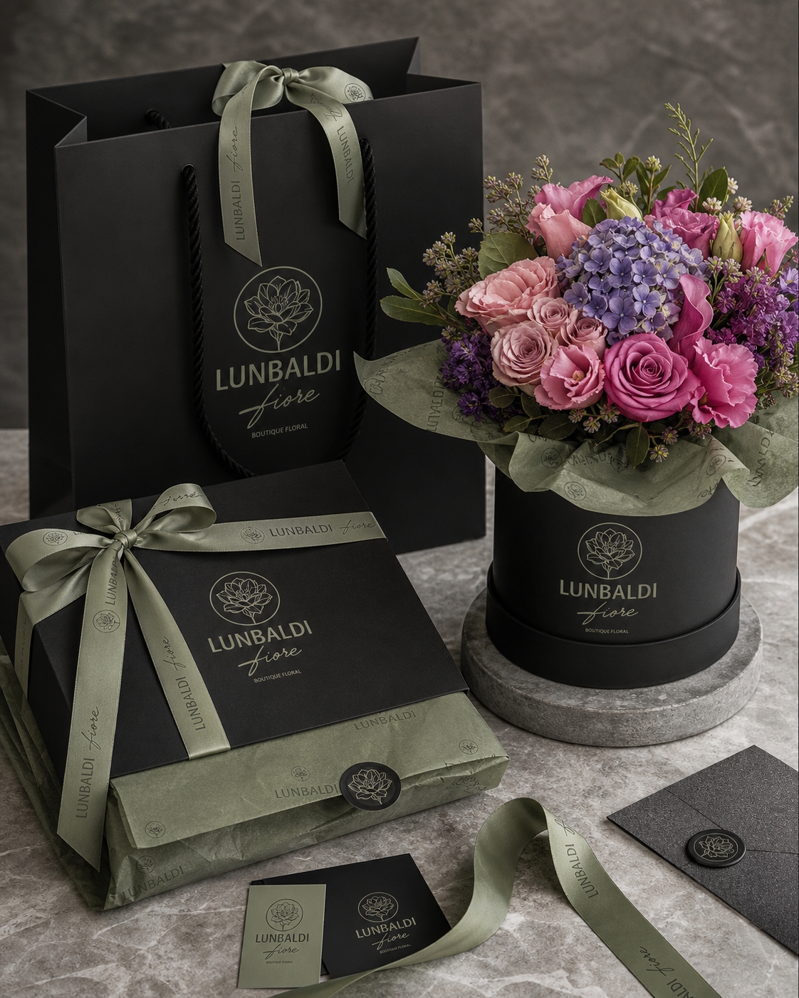 Packaging de Lunbaldi Fiore: papel de seda, sello y tarjeta