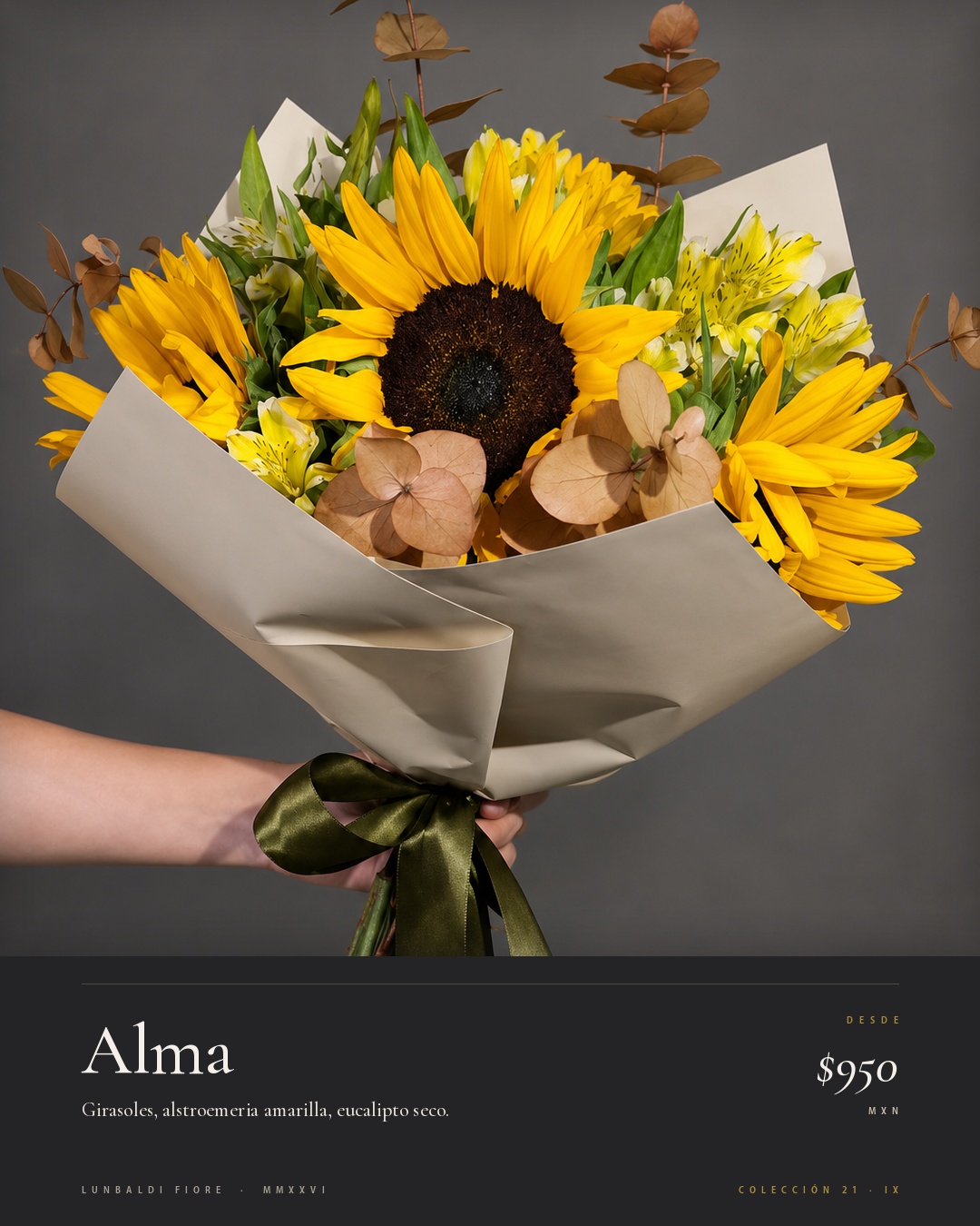 Ramo Alma de Lunbaldi Fiore: girasoles amarillos con alstroemeria y eucalipto seco
