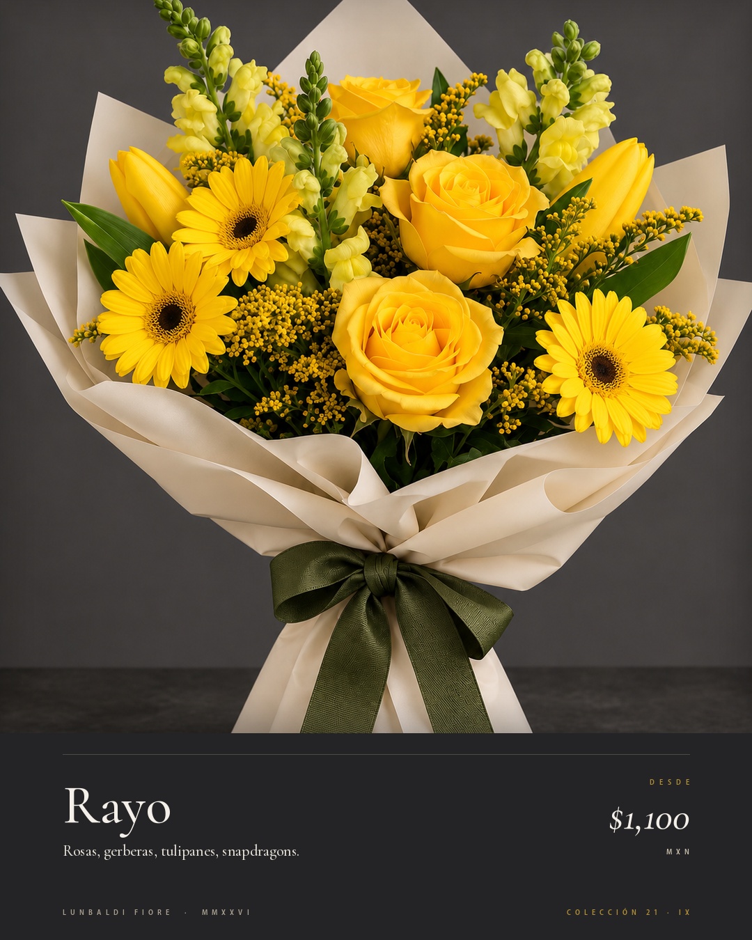 Ramo Rayo de Lunbaldi Fiore: rosas, gerberas, tulipanes y snapdragons amarillos